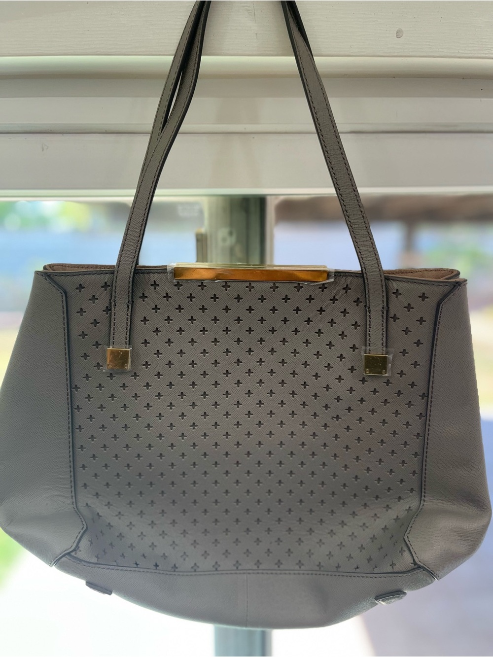 J. Crew Gray Perforated Shoulder Tote with Gold Hardware